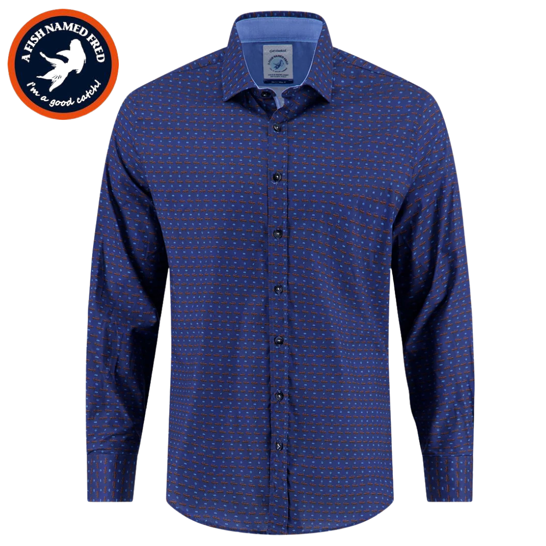 A Fish Named Fred Navy Wagon Print Shirt Navy