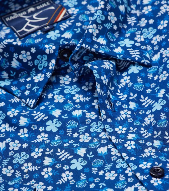 Raging Bull Flower Bud Print Blue Shirt Blue