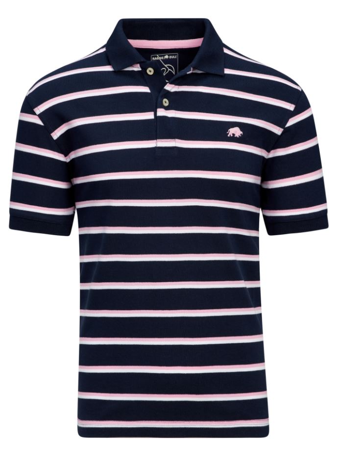 Raging Bull Trio Stripe Navy & Pink Polo Navy