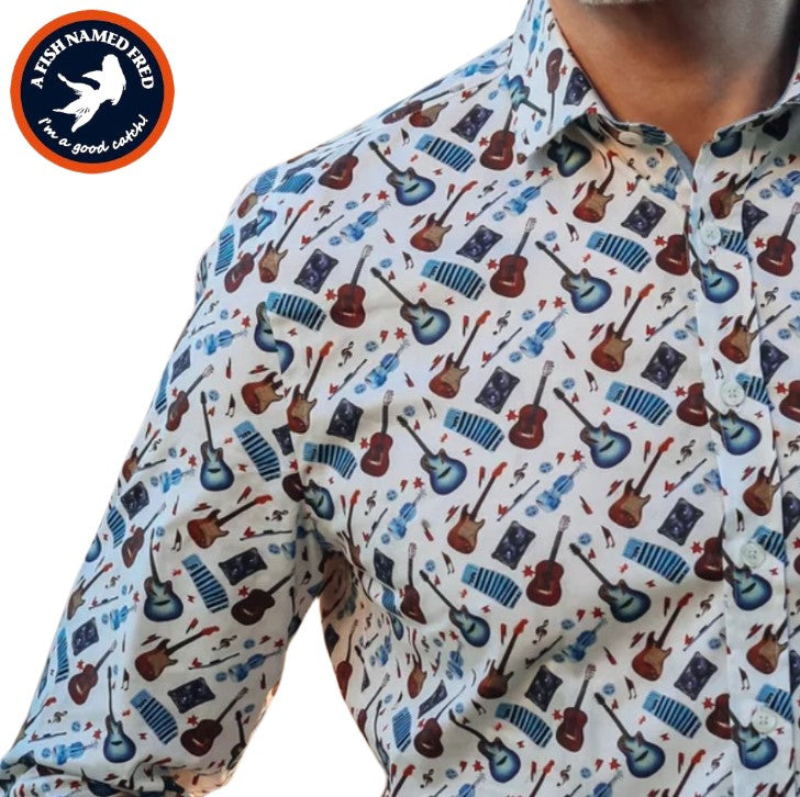 A Fish Named Fred Guitar Print Shirt White