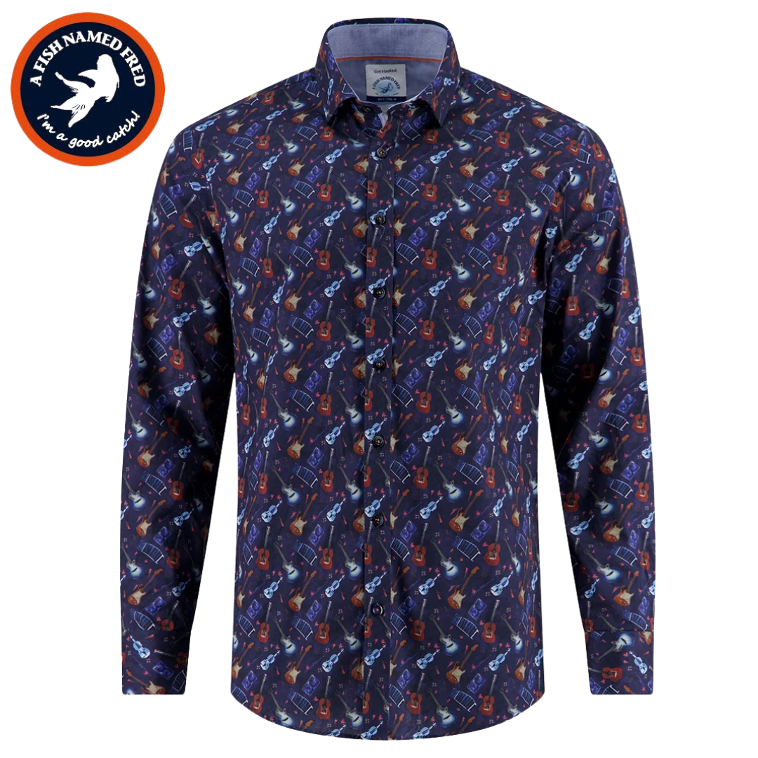 A Fish Named Fred Guitar Print Shirt Navy