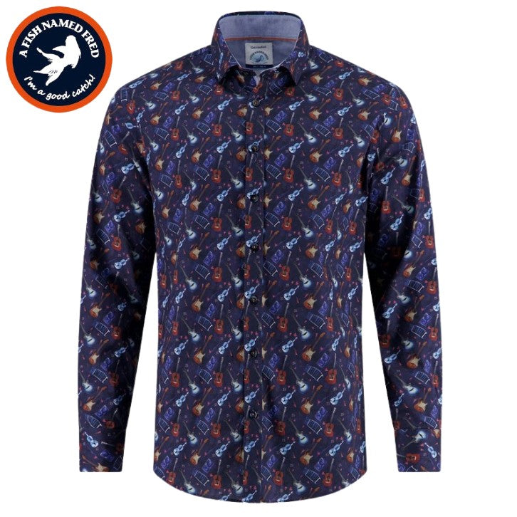 A Fish Named Fred Guitar Print Shirt Navy