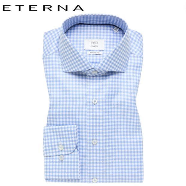 Eterna Sky Blue Classic Check Shirt Blue