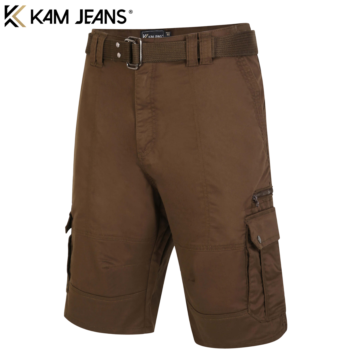 Kam Belted Cargo Stretch Khaki Shorts Brown