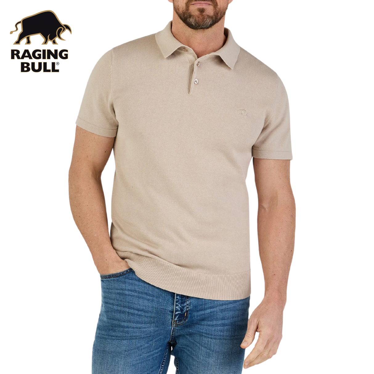 Raging Bull Knitted Stone Polo Shirt Beige