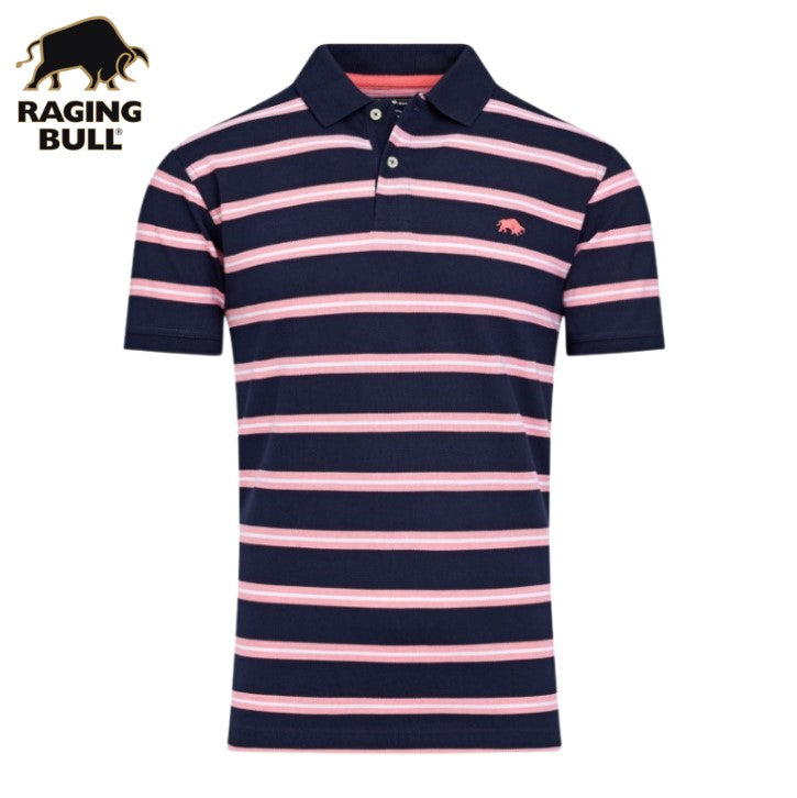 Raging Bull Trio Stripe Pink & Navy Polo Navy