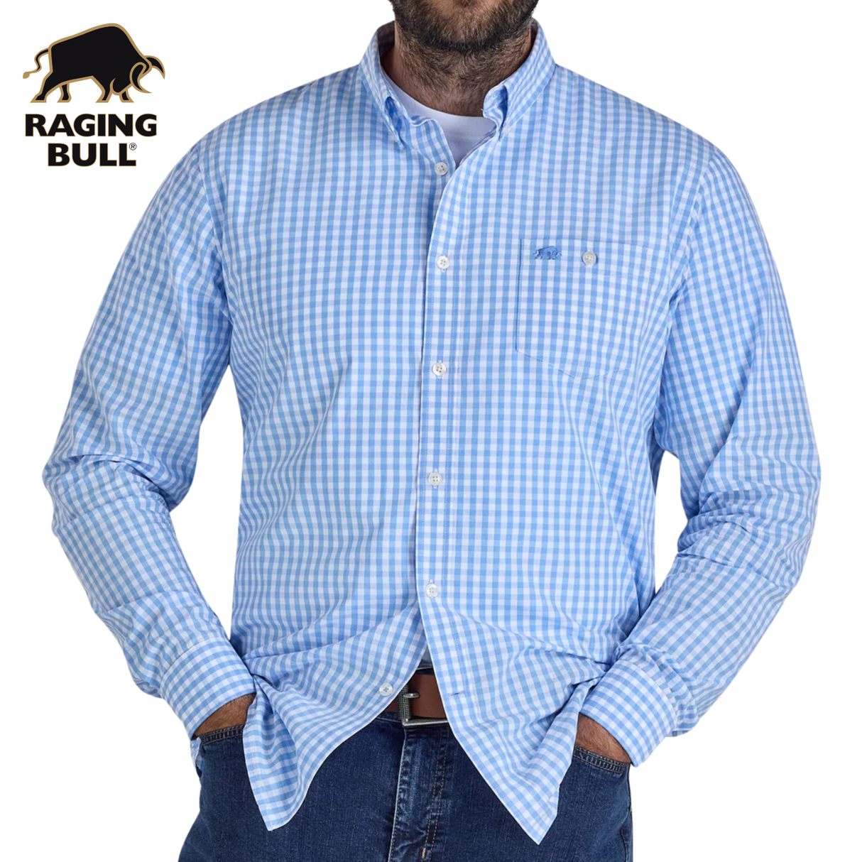 Raging Bull Classic Gingham Sky Shirt Blue